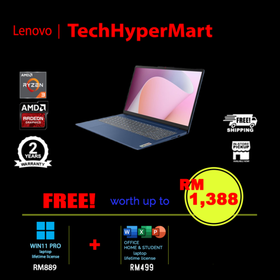 Lenovo IdeaPad Slim 3 15AMN8 82XQ01P2MJ-W11P 15.6" Laptop/ Notebook (Ryzen 3 30, 8GB, 512GB, AMD Radeon, W11P, Off Home 2024 + Off 365 Basic)