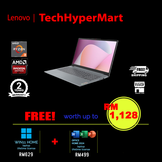 Lenovo IdeaPad Slim 3 15AMN8 82XQ01P3MJ 15.6" Laptop/ Notebook (Ryzen 3 30, 8GB, 512GB, AMD Radeon, W11H, Off Home 2024 + Off 365 Basic)