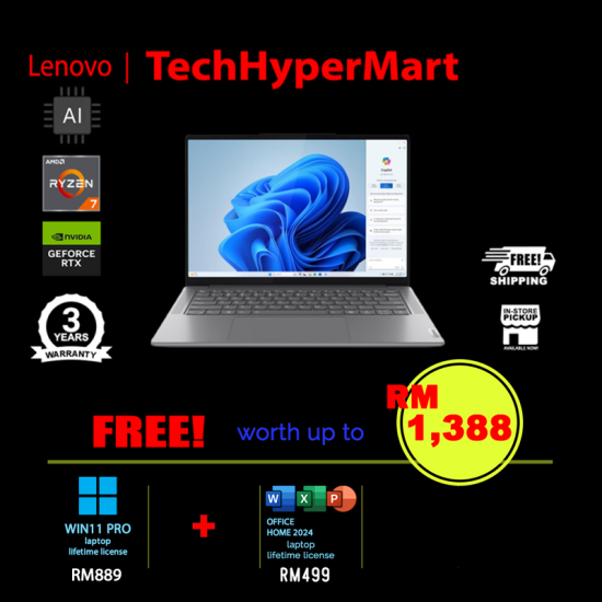 Lenovo Yoga Pro 7 14AHP9 83E30056MJ-W11P 14.5" Laptop/ Notebook (Ryzen 7 8845HS, 16GB, 1TB, NV RTX3050, W11P, Off Home 2024 + Off 365 Basic, AI Chip)
