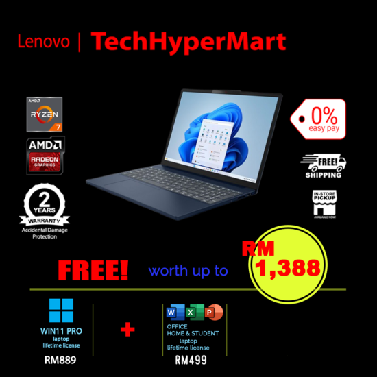 Lenovo IdeaPad Slim 3 15ARP10 83K700R8MJ-1-W11P-EPP 15.3" Laptop/ Notebook (Ryzen 7 170, 16GB, 1TB, AMD Radeon, W11P, Off Home 2024 + Off 365 Basic)