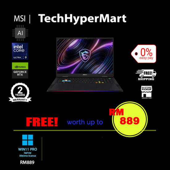 MSI Raider 18 Max HX A2WJ-1086MY-4-W11P-EPP 18" Laptop/ Notebook (Ultra 9 290HX Plus, 32GB, 4TB, NV RTX5090, W11P, AI)