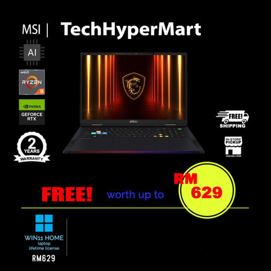 MSI Raider A18 HX A9WIG-085MY 18" Laptop/ Notebook (Ryzen 9 9955HX3D, 64GB, 2TB, NV RTX5080, W11H, 120Hz, AI Chip) MSI Raider A18 HX A9WIG-085MY 18" Laptop/ Notebook (Ryzen 9 9955HX3D, 64GB, 2TB, NV RTX5080, W11H, 120Hz, AI Chip)