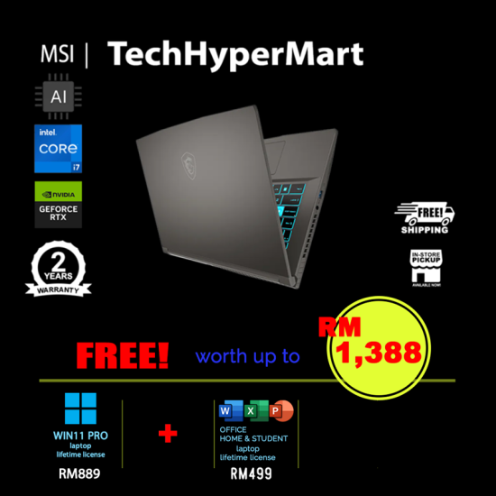 MSI Thin 15 B13UC-3439MY-24-W11P 15.6" Laptop/ Notebook (i7-13620H, 24GB, 512GB, NV RTX3050, W11P, Off Home 2024, AI)