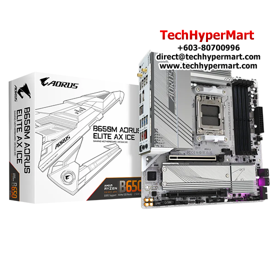 Gigabyte B650M-AORUS-ELITE-AX-ICE Motherboard (Micro-ATX Form Factor, AMD B650 Chipset, Soket AM5, 4 x DDR5 up to 192GB)