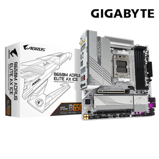 Gigabyte B650M-AORUS-ELITE-AX-ICE Motherboard (Micro-ATX Form Factor, AMD B650 Chipset, Soket AM5, 4 x DDR5 up to 192GB)