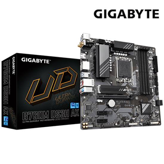 Gigabyte B760M-DS3H-AX Motherboard (Micro-ATX Form Factor, Intel B760 Chipset, Soket LGA1700, 4 x DDR5 up to 192GB)