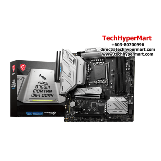 MSI MAG B760M MORTAR WIFI DDR4 Motherboard (M-ATX Form Factor, Intel B760 Chipset, Socket LGA1700, 4 x DDR4 up to 128GB) MSI MAG B760M MORTAR WIFI DDR4 Motherboard (M-ATX Form Factor, Intel B760 Chipset, Socket LGA1700, 4 x DDR4 up to 128GB)