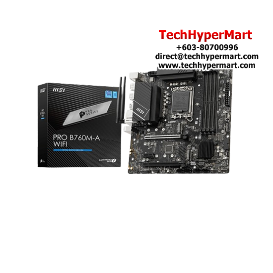 MSI PRO B760M-A WIFI Motherboard (mATX Form Factor, Intel B760 Chipset, Socket LGA1700, 4 x DDR5 up to 256GB) MSI PRO B760M-A WIFI Motherboard (mATX Form Factor, Intel B760 Chipset, Socket LGA1700, 4 x DDR5 up to 256GB)
