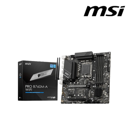 MSI PRO B760M-A WIFI Motherboard (mATX Form Factor, Intel B760 Chipset, Socket LGA1700, 4 x DDR5 up to 256GB) MSI PRO B760M-A WIFI Motherboard (mATX Form Factor, Intel B760 Chipset, Socket LGA1700, 4 x DDR5 up to 256GB)