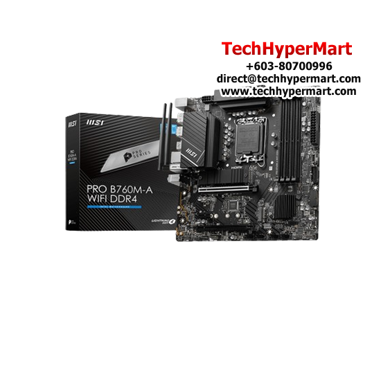 MSI PRO B760M-A WIFI DDR4 Motherboard (mATX Form Factor, Intel B760 Chipset, Socket LGA1700, 4 x DDR4 up to 128GB) MSI PRO B760M-A WIFI DDR4 Motherboard (mATX Form Factor, Intel B760 Chipset, Socket LGA1700, 4 x DDR4 up to 128GB)